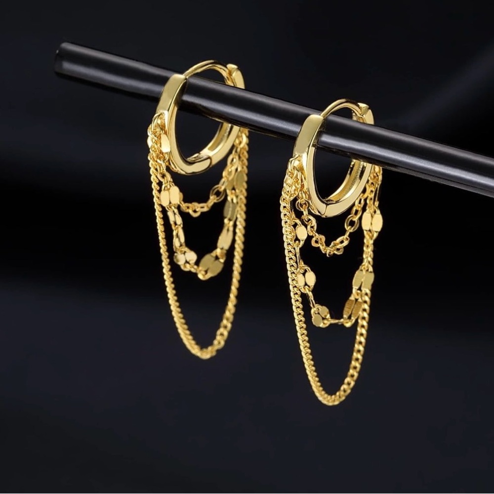 Gold Dangle Chain Hoop Earrings - Picture 5 of 5